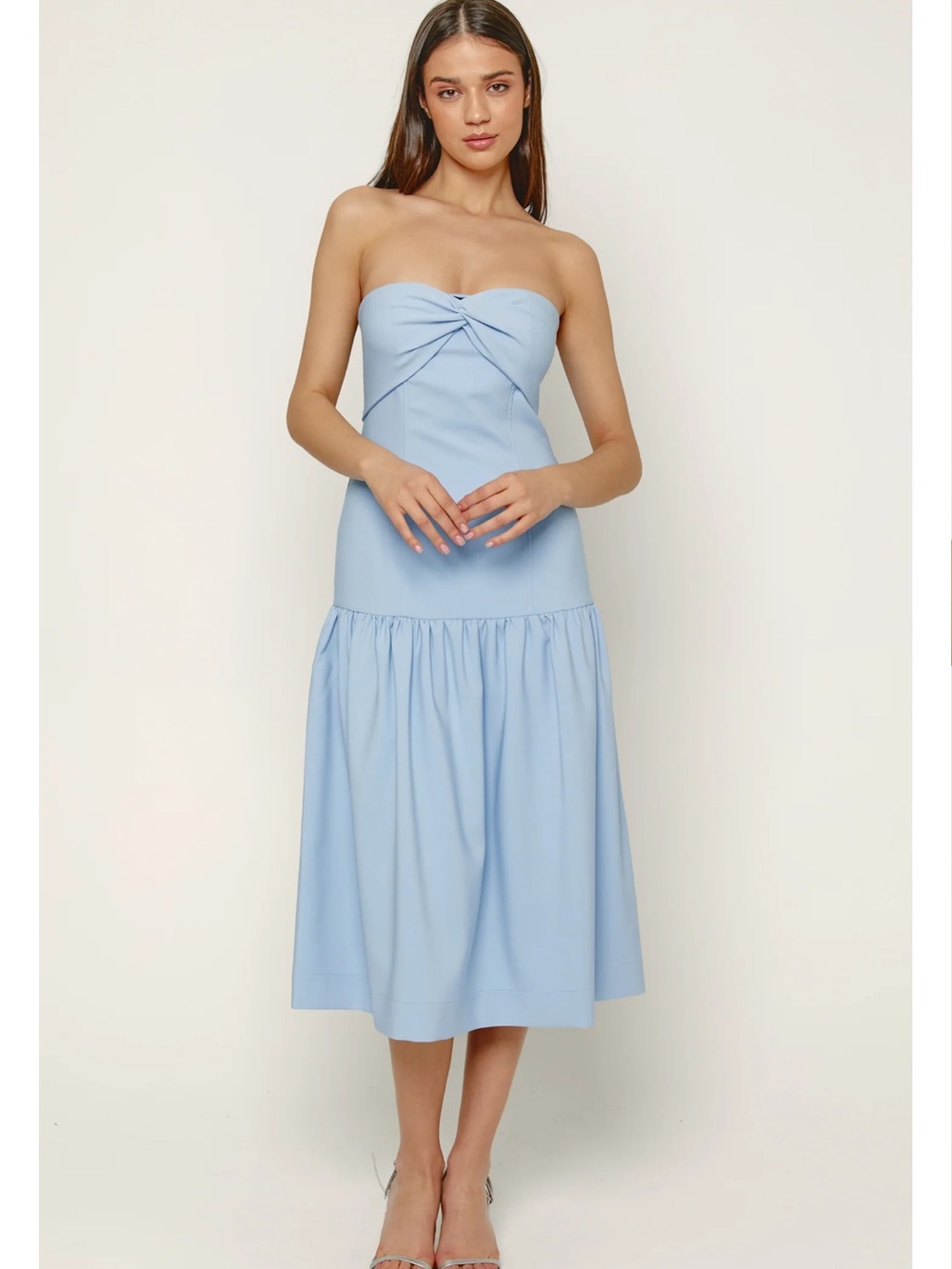 Rare London Strapless Powder Blue Midi Dress with Twist Front